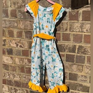 Girls Floral Print Jumpsuit with Yellow Ruffle Trim